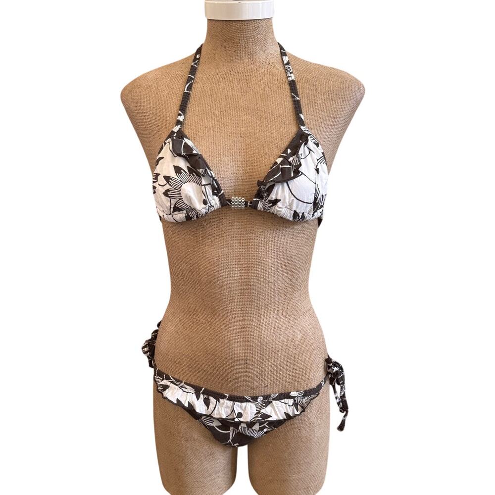 Amandarling Brown White Floral Ruffle Swim Bathing Suit Size Small Tropical